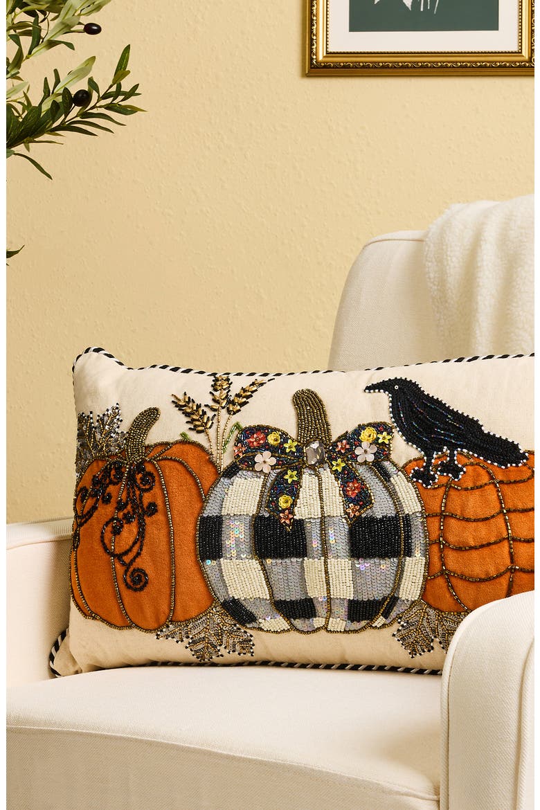 Pumpkin and Crow Lumbar Pillow, Alternate, color, ORANGE