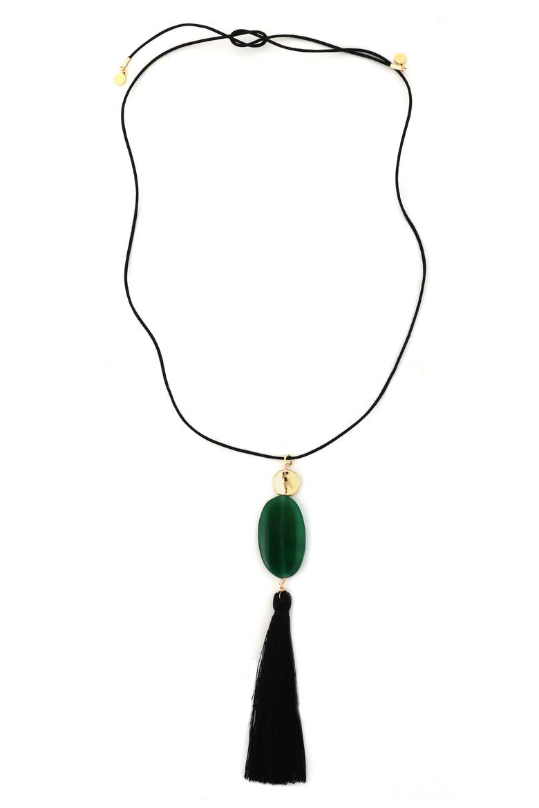 Stone & Tassel Pendant Necklace, Main, color, GREEN