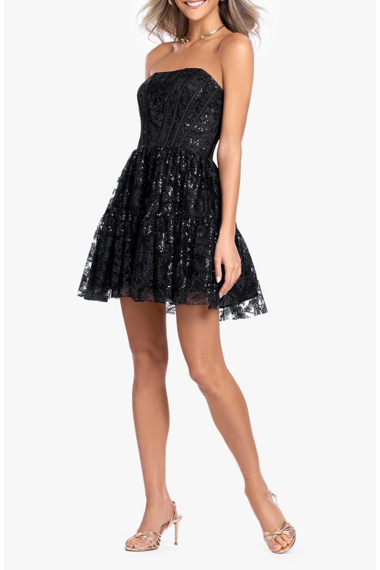 Strapless Corset Ruffle Minidress, Alternate, color, BLACK