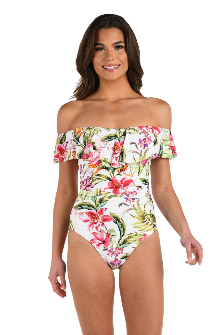 Polynesian Ruffle Off the Shoulder One-Piece Swimsuit, Alternate, color, MULTI
