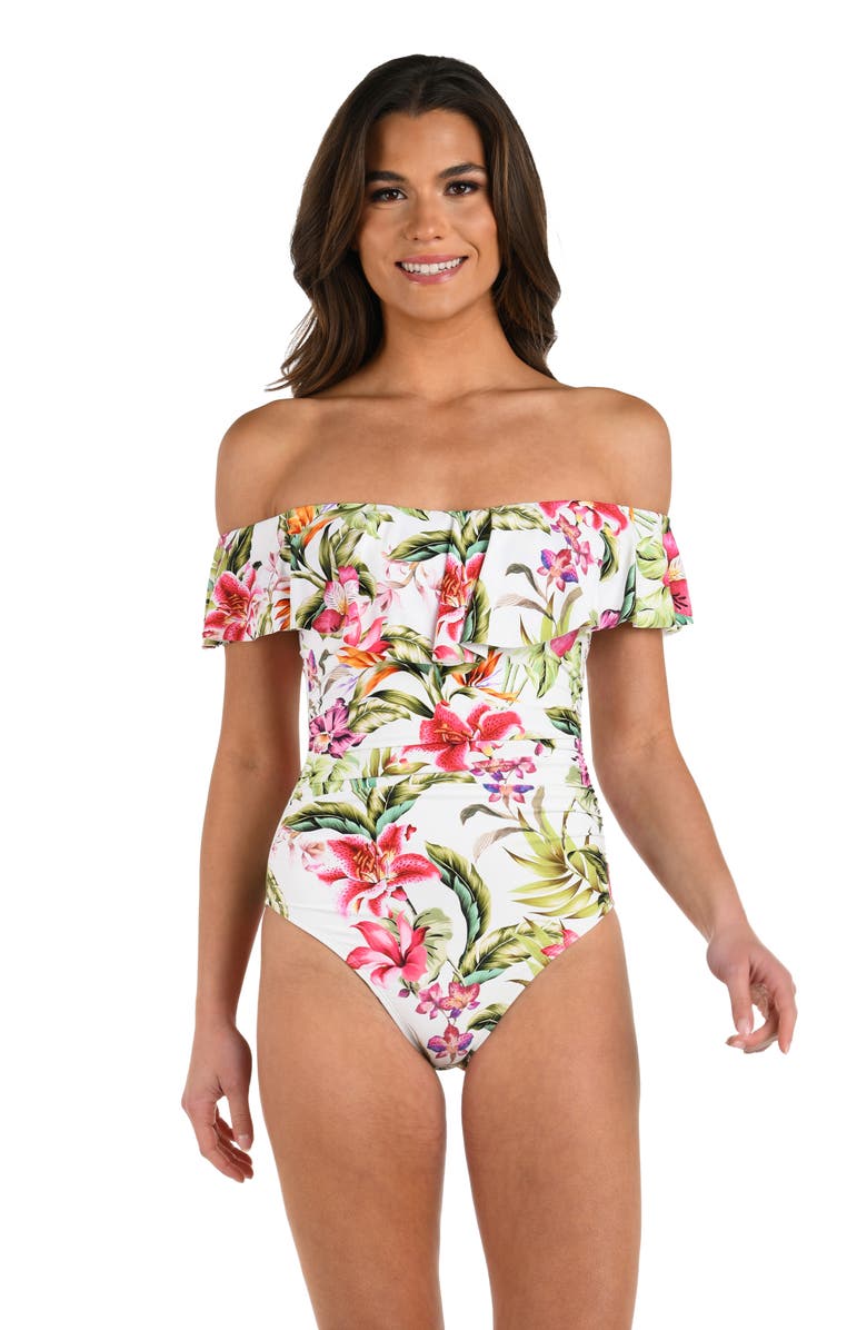 La Blanca Polynesian Ruffle Off the Shoulder One-Piece Swimsuit, Alternate, color, White Multi