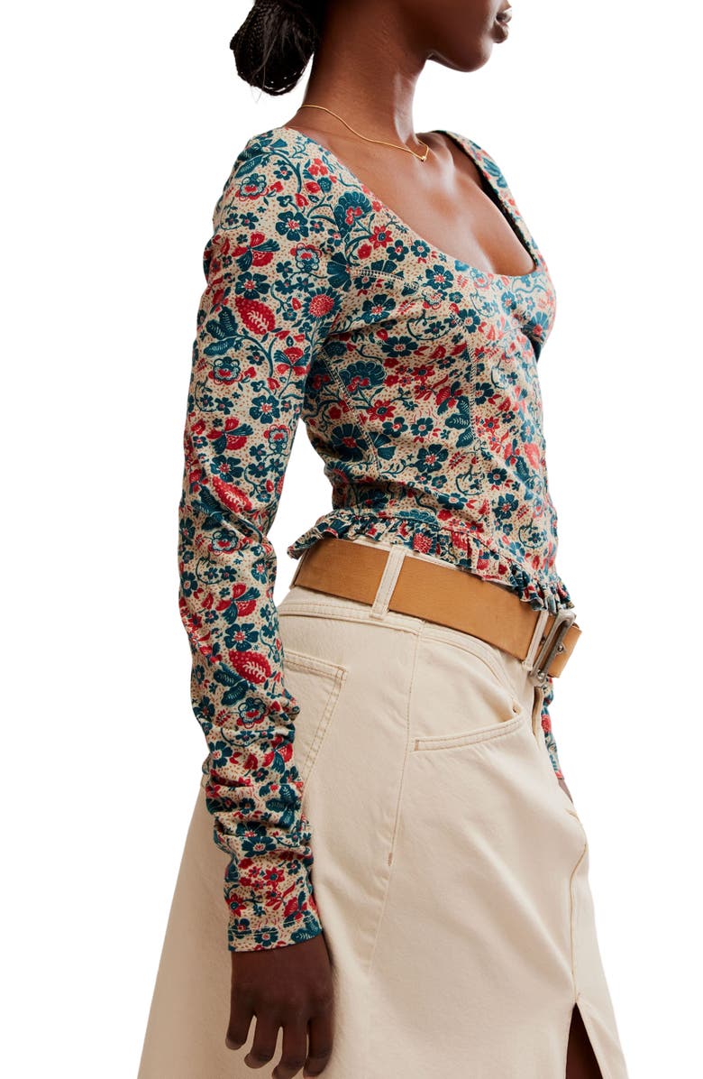 Free People Melanie Floral Long Sleeve Crop Shirt, Alternate, color, Sand Combo