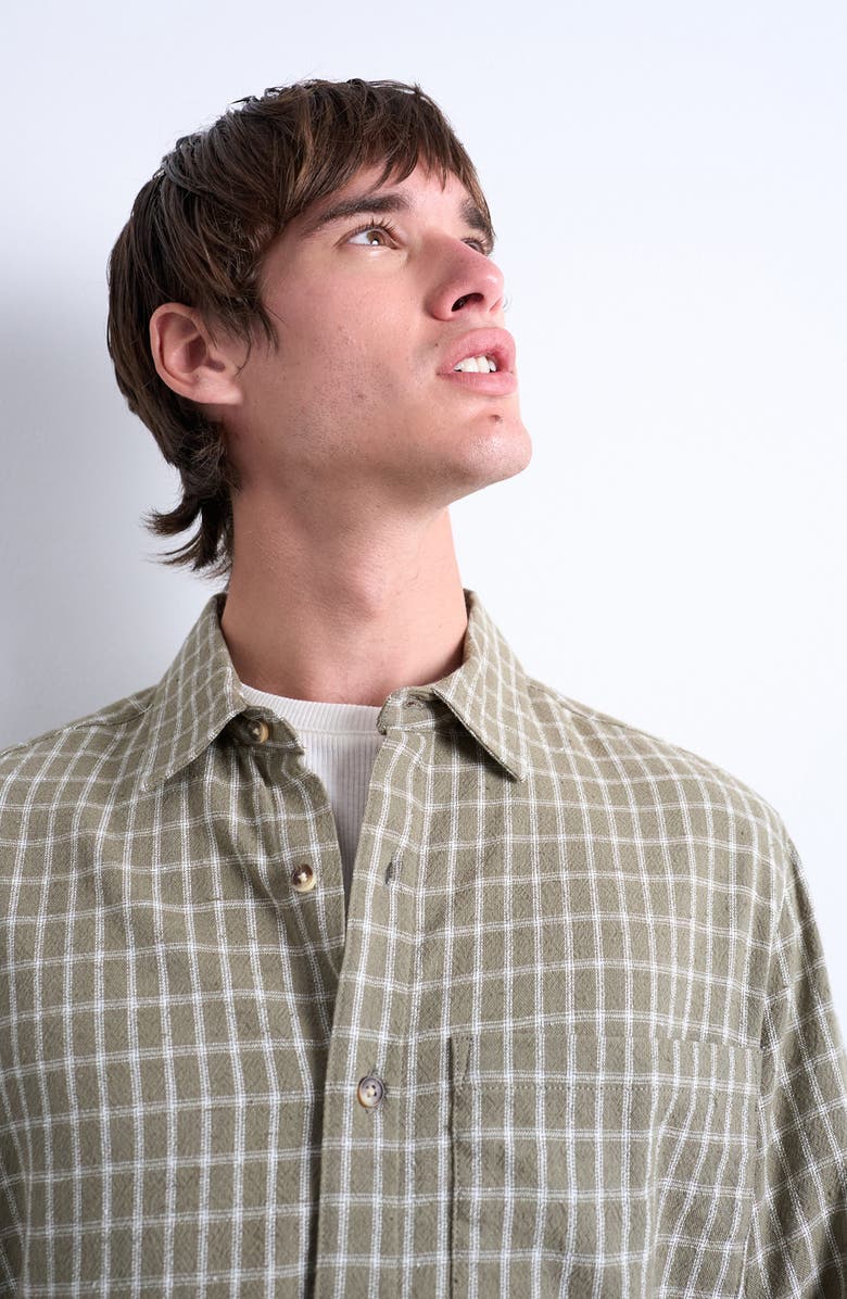 Topman Grid Check Relaxed Button-Up Shirt, Alternate, color, Khaki