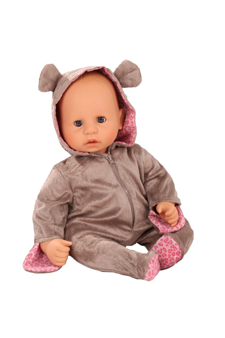 One Piece Teddy Costume Pajama Sleeper For Baby Dolls, Alternate, color, Brown