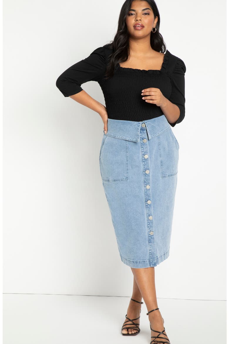 Folded Button Front Denim Skirt, Alternate, color, LIGHT WASH