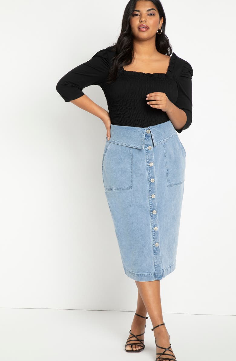 ELOQUII Folded Button Front Denim Skirt, Alternate, color,