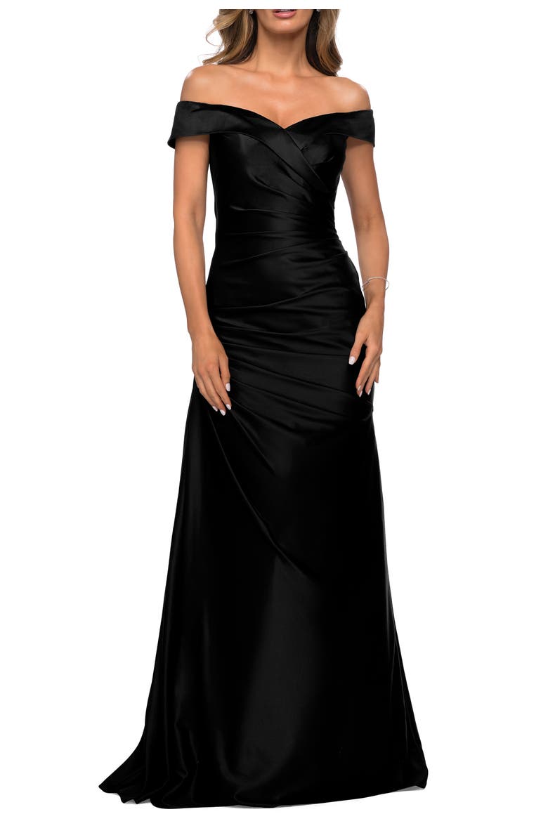 La Femme Off the Shoulder Satin Evening Dress with Pleating, Main, color, Black