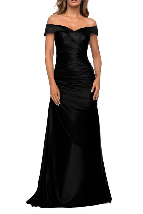 Off the Shoulder Satin Evening Dress with Pleating