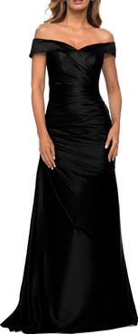 La Femme Off the Shoulder Satin Evening Dress with Pleating