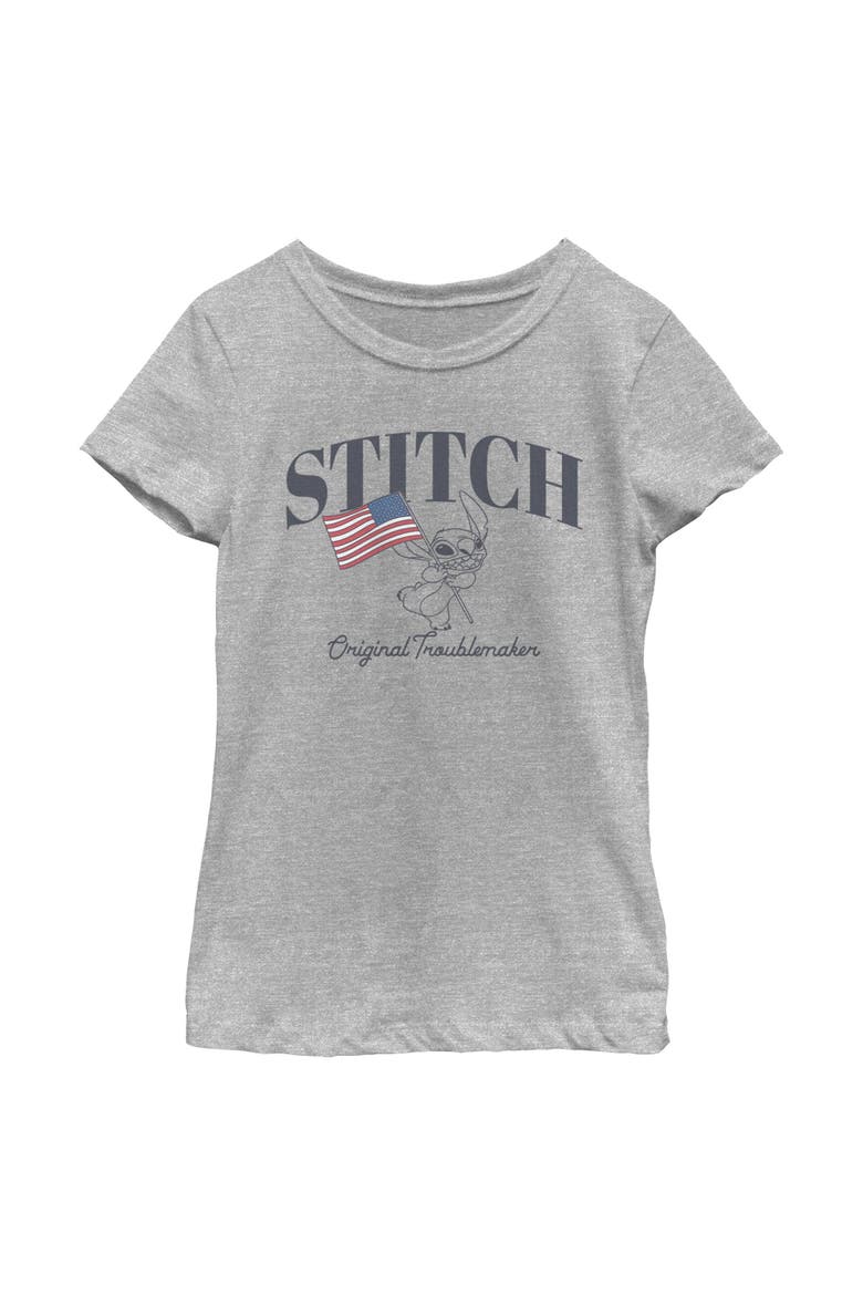 Girl's Lilo & Stitch Original American Troublemaker  Graphic T-Shirt, Main, color, Athletic Heather