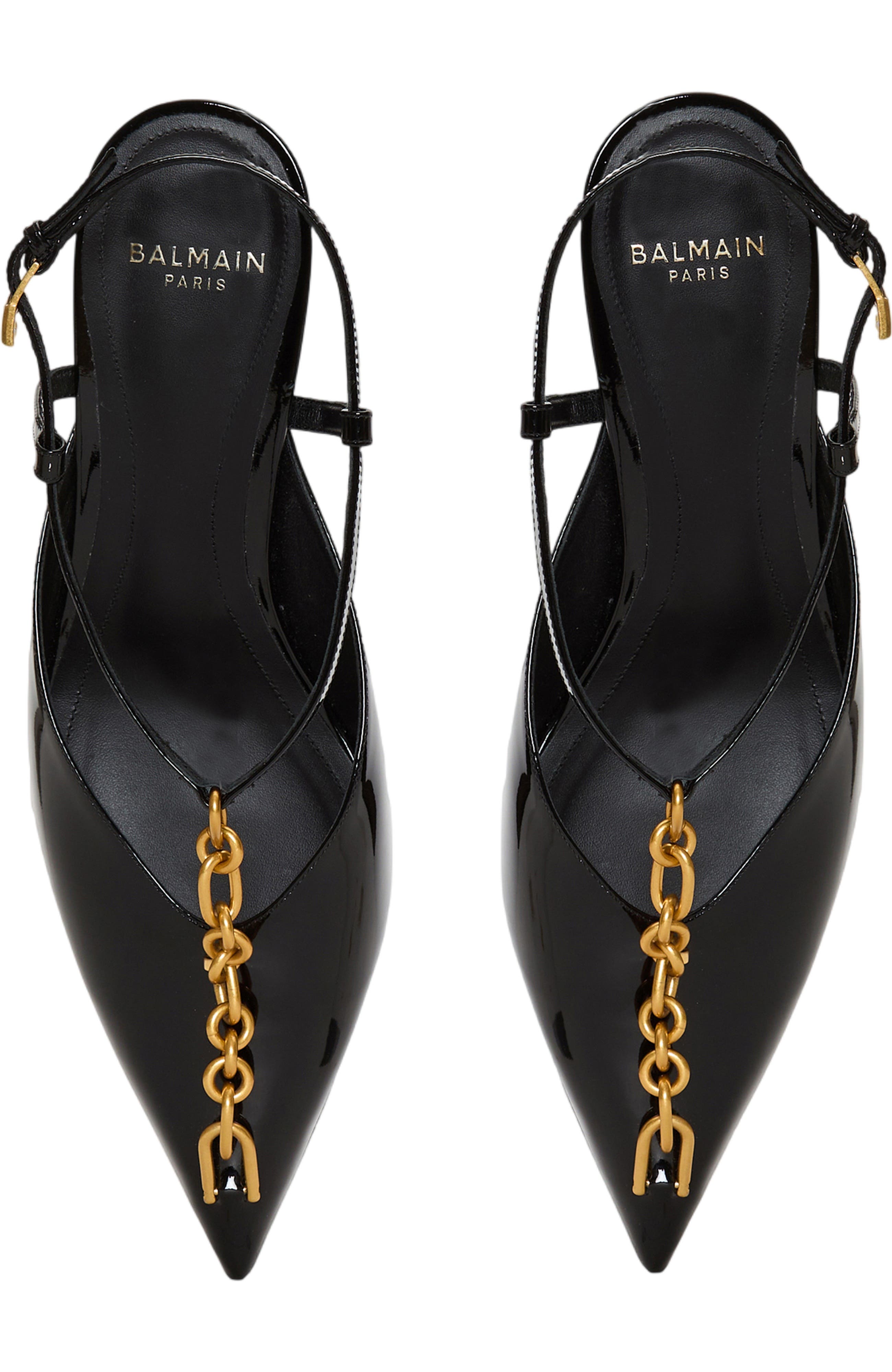 Balmain Sync chain kitten slingbacks in patent leather, Alternate, color, Black