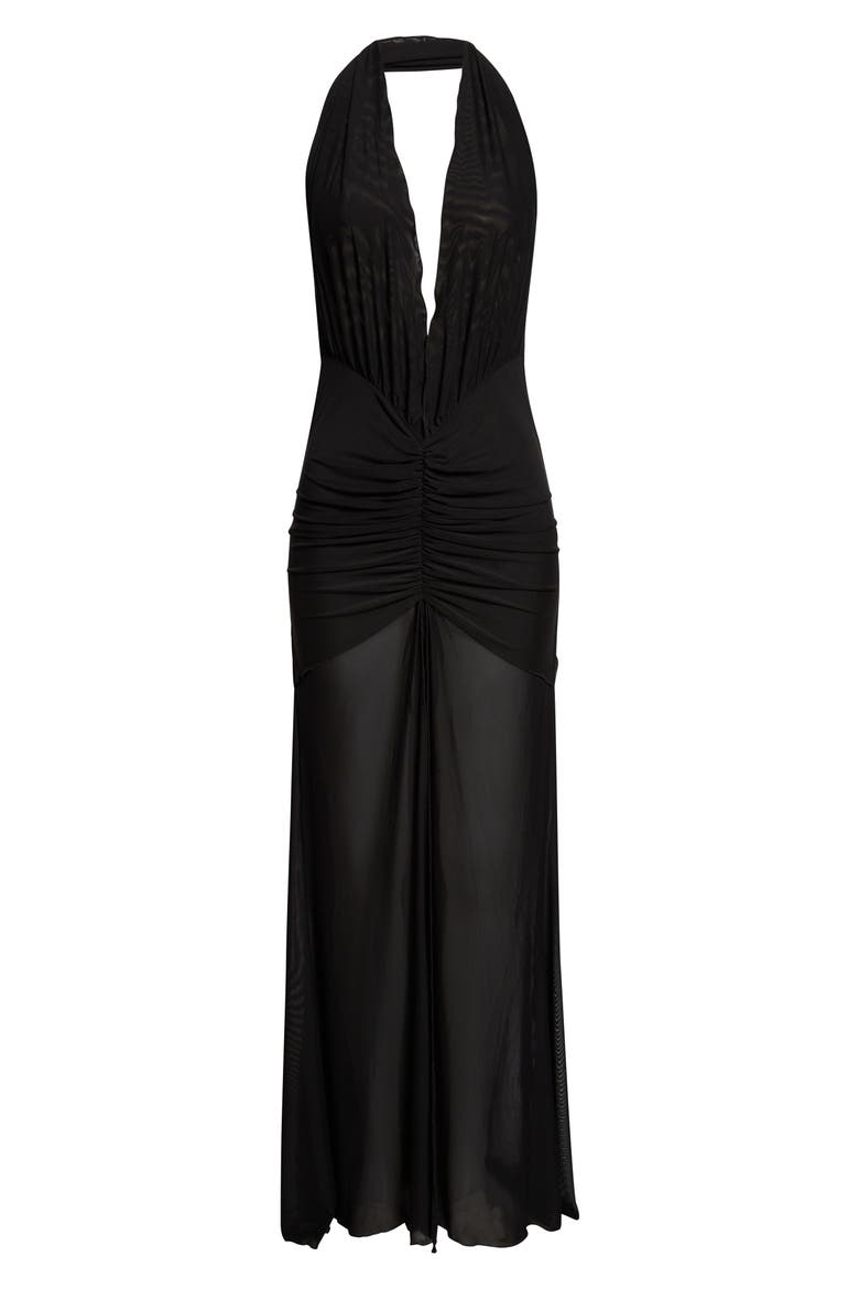 Stretch Mesh Halter Dress, Alternate, color, BLACK