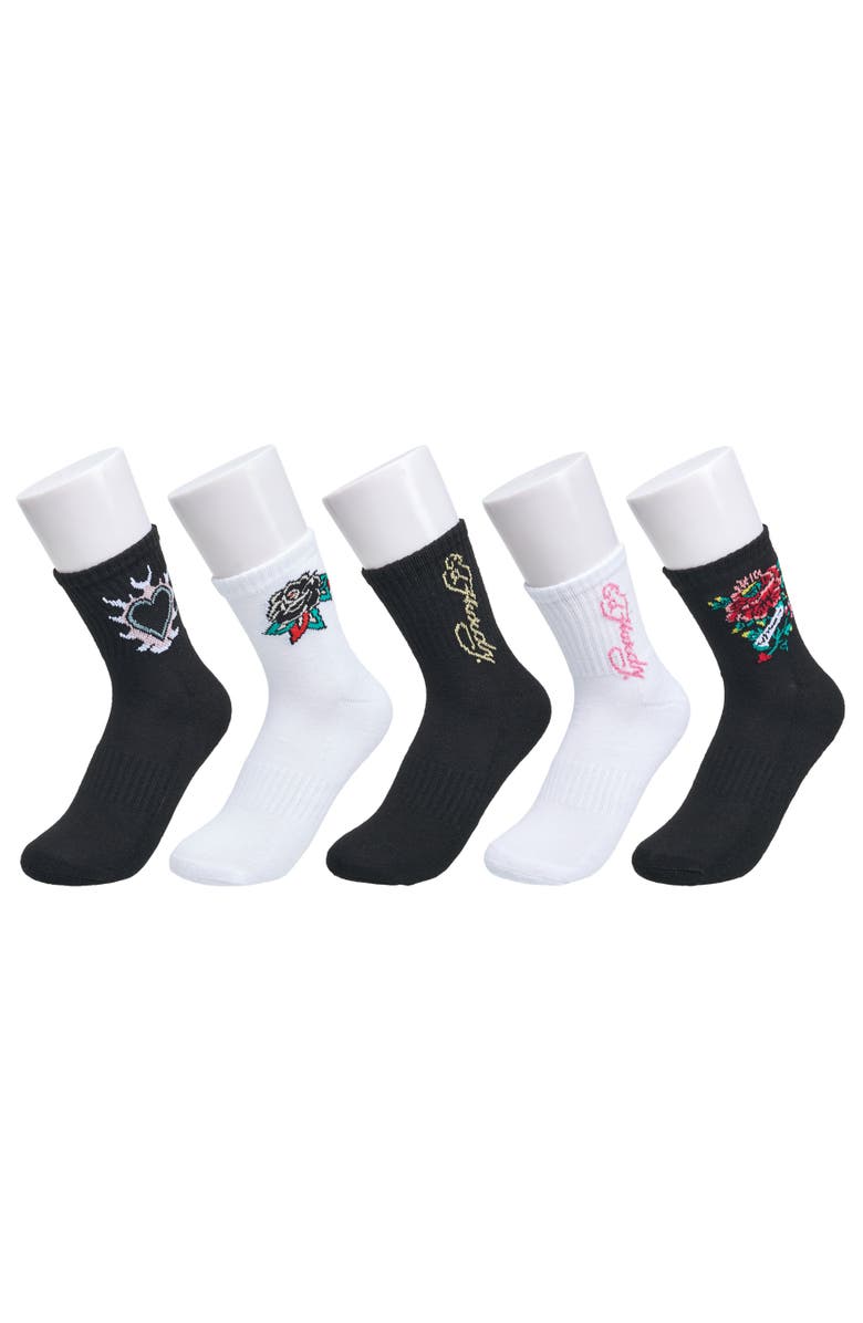 Ed Hardy Flower Print Half Cushion Mid Crew Sock 5-Pack, Main, color, Black White