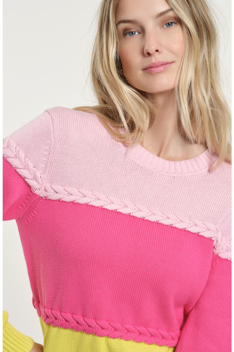 Braid Accent Colorblock Cotton Crewneck Sweater, Alternate, color, FUCHSIA/ MULTI