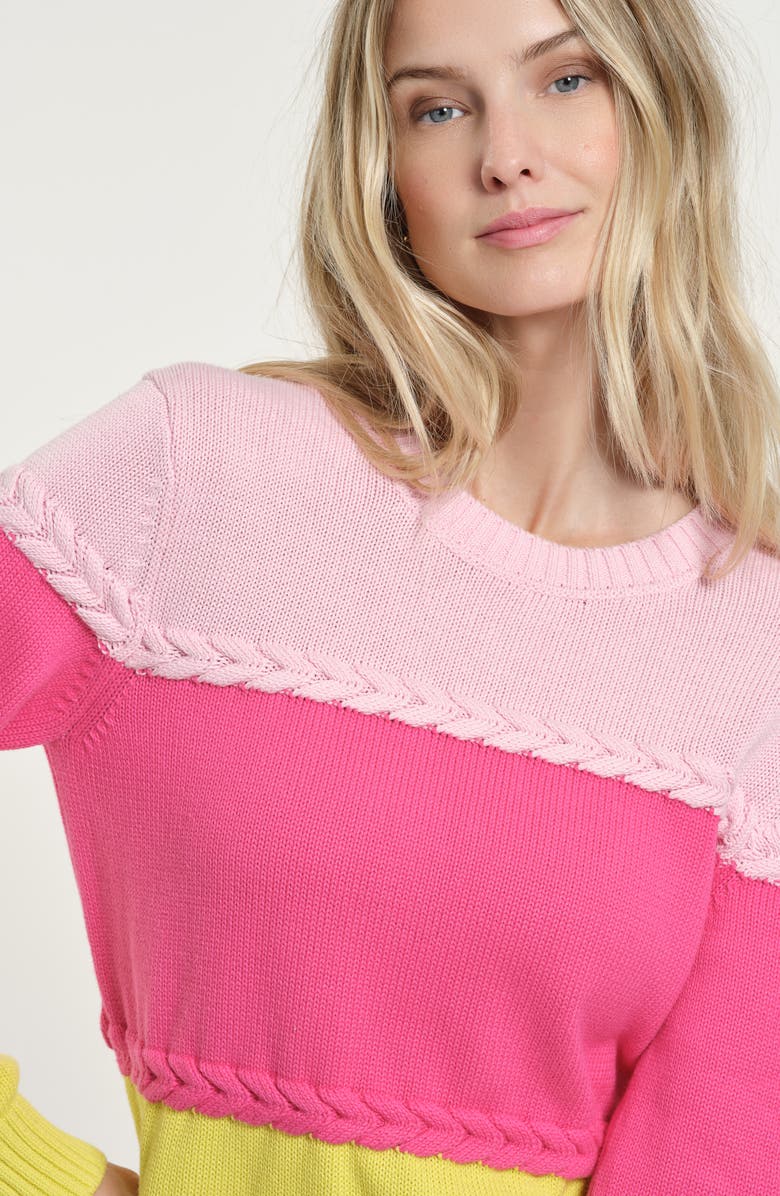 Isaac Mizrahi New York Braid Accent Colorblock Cotton Crewneck Sweater, Alternate, color, Fuchsia/ Multi