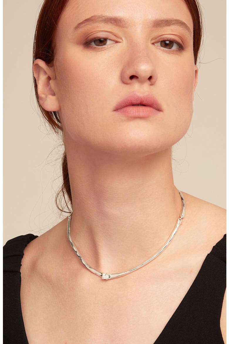 Sterling Silver Rigid Necklace with White Zircon, Alternate, color, Silver