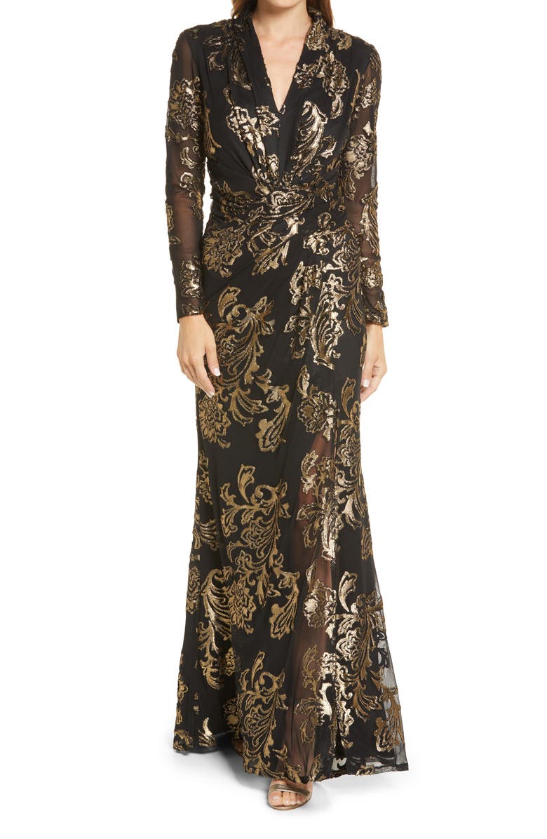 Tadashi Shoji Metallic Floral Long Sleeve Gown, Main, color,