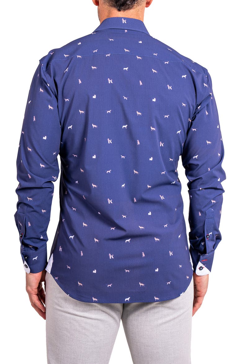Einstein Stretch Ascension 0205 Dog Print Contemporary Fit Button-Up Shirt, Alternate, color, BLUE