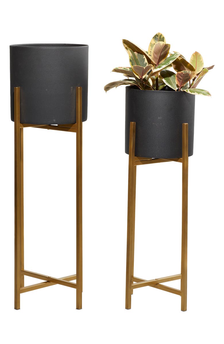 WILLOW ROW Black Metal Indoor & Outdoor Planter with Removable Goldtone Stand - Set of 2, Alternate, color,
