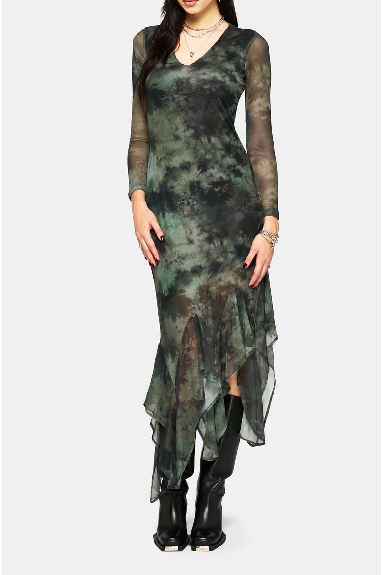 Nova Mesh Long Sleeve Tie Dye Maxi Dress, Main, color, Green
