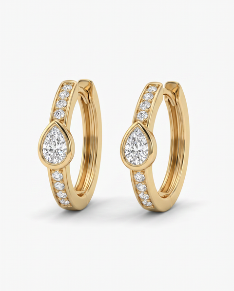 Diamond Pear Bezel Accent Pave Huggie Earring 14K