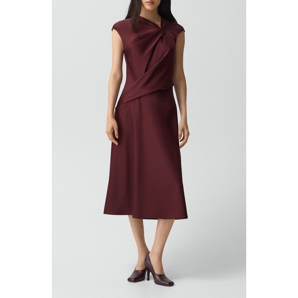 Theory Twist Bodice Satin Midi Dress In Burgundy