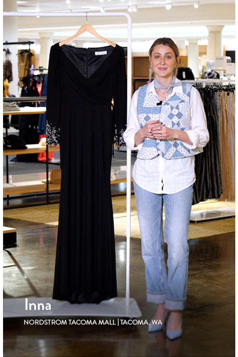 Embellished Long Sleeve Faux Wrap Gown video