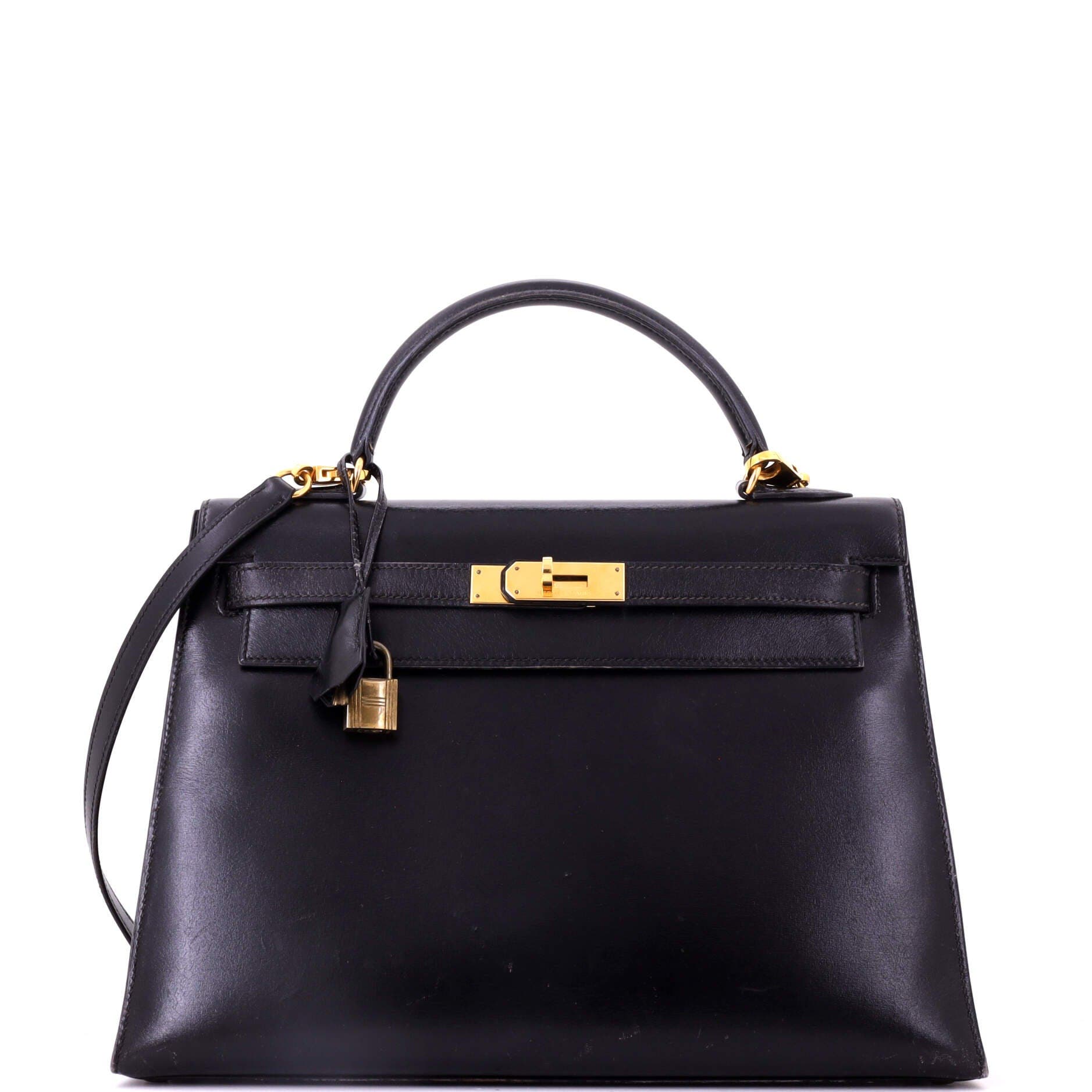 Pre-Owned Hermes Kelly Handbag Black Box Calf with Gold Hardware 32, Main, color, Noir