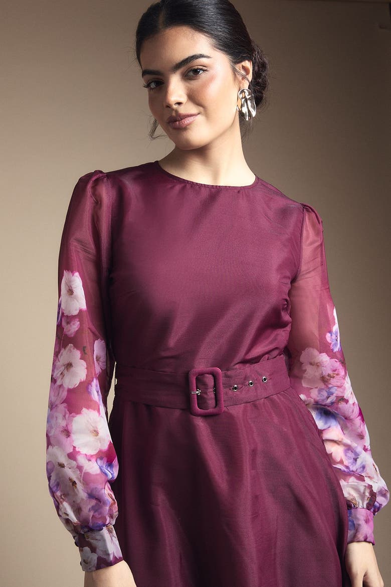 Organza Floral Print Belted Midi Dress, Alternate, color, Berry