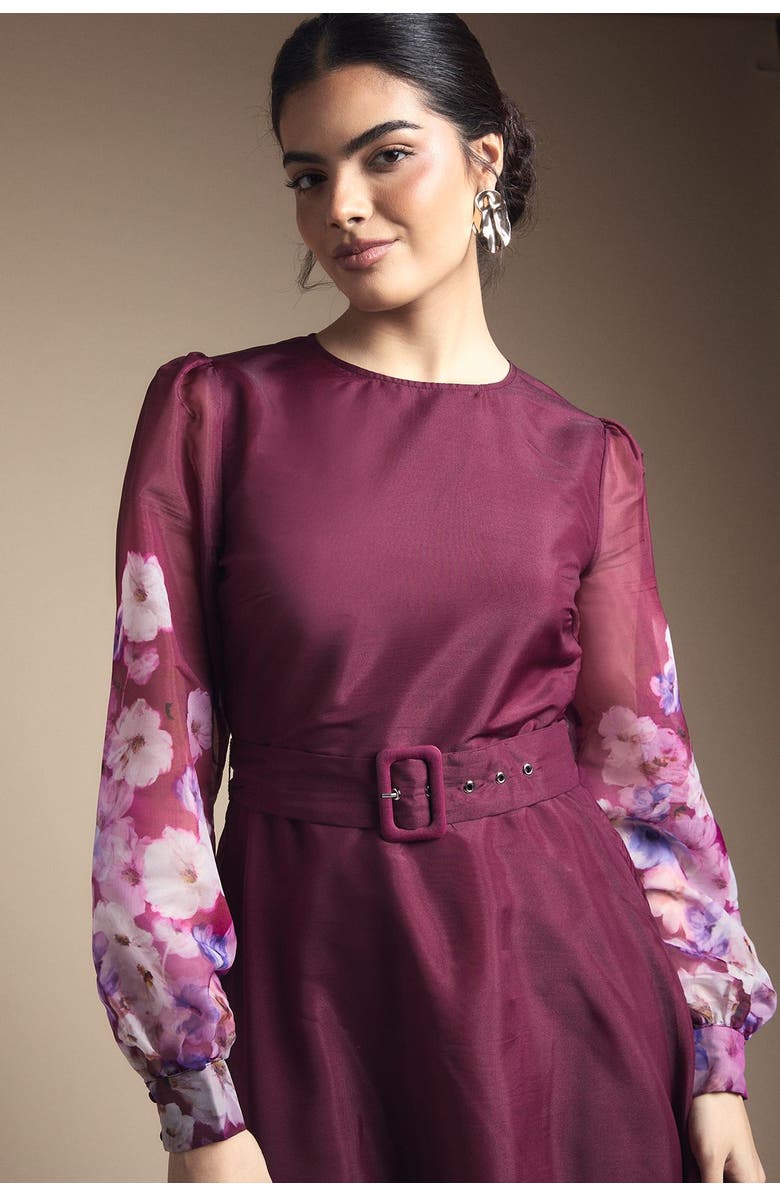 Wallis Organza Floral Print Belted Midi Dress, Alternate, color, Berry