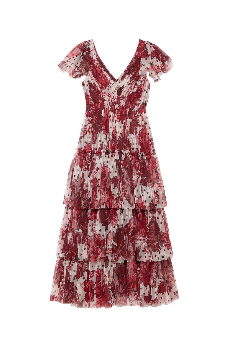 Floral Print Tulle Midi Dress, Alternate, color, Red