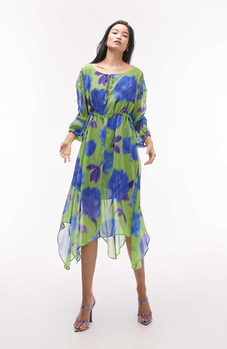 Topshop Long Sleeve Chiffon Midi Dress, Alternate, color, 
