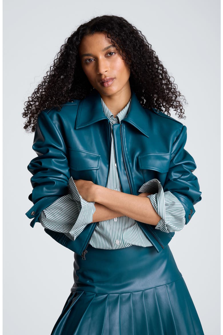 Faux Leather Cropped Bomber Jacket, Alternate, color, TEAL DUSK