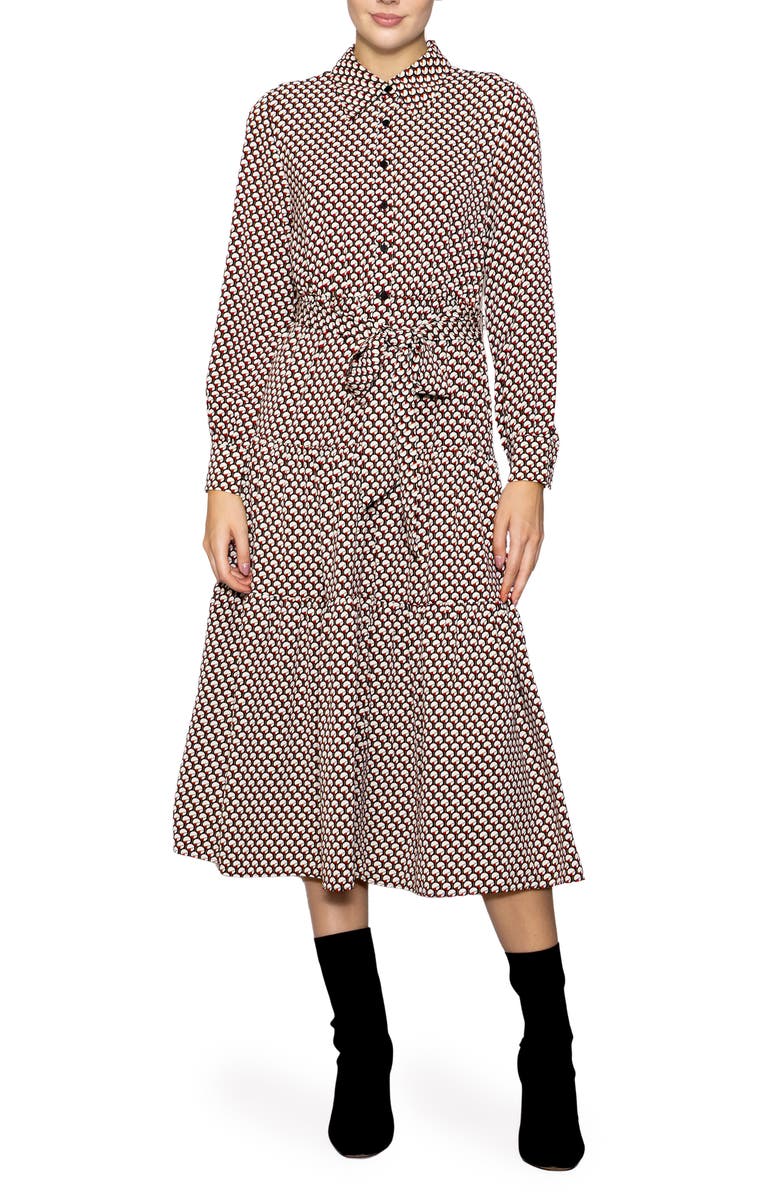MELLODAY Tiered Long Sleeve Shirtdress, Main, color, Multi Red