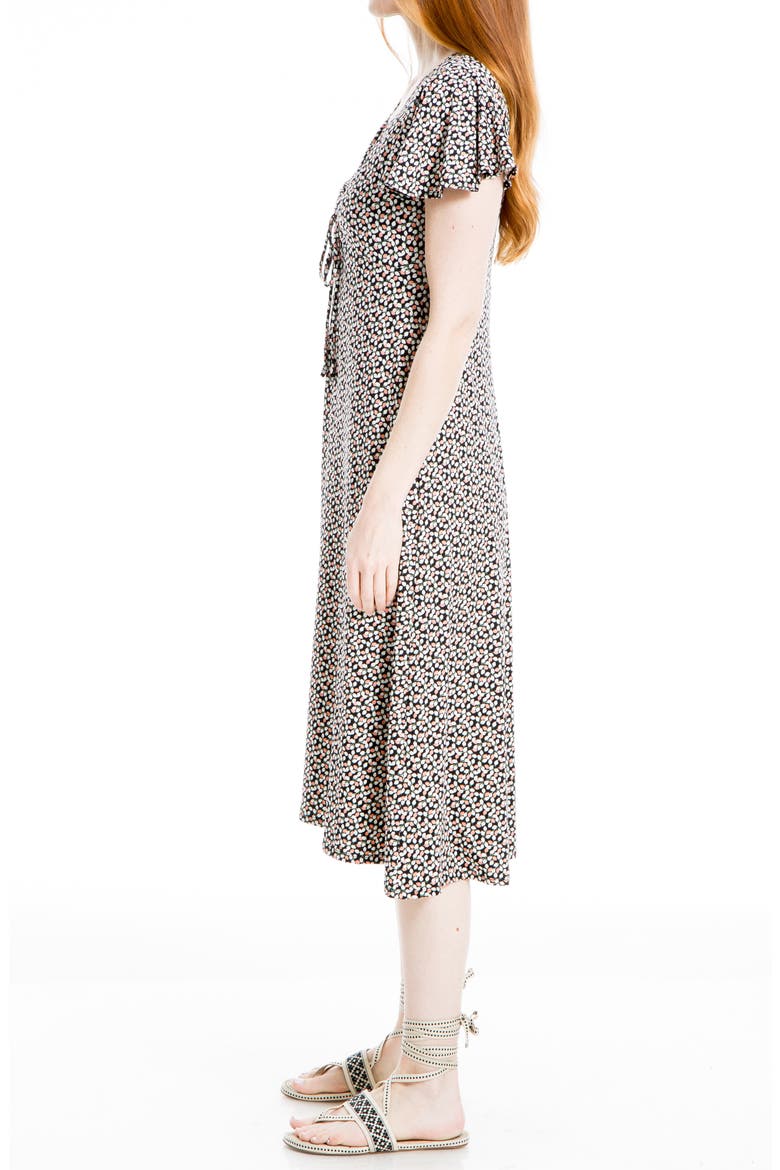 Cinched Sleeve & Front Midi Dress, Alternate, color, BLACK/ CORAL BUDS