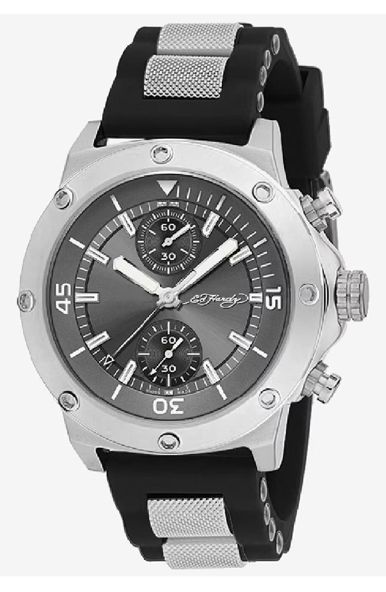 Ed Hardy Quartz Chronograph Silicone Strap Watch, 52mm, Main, color, Black