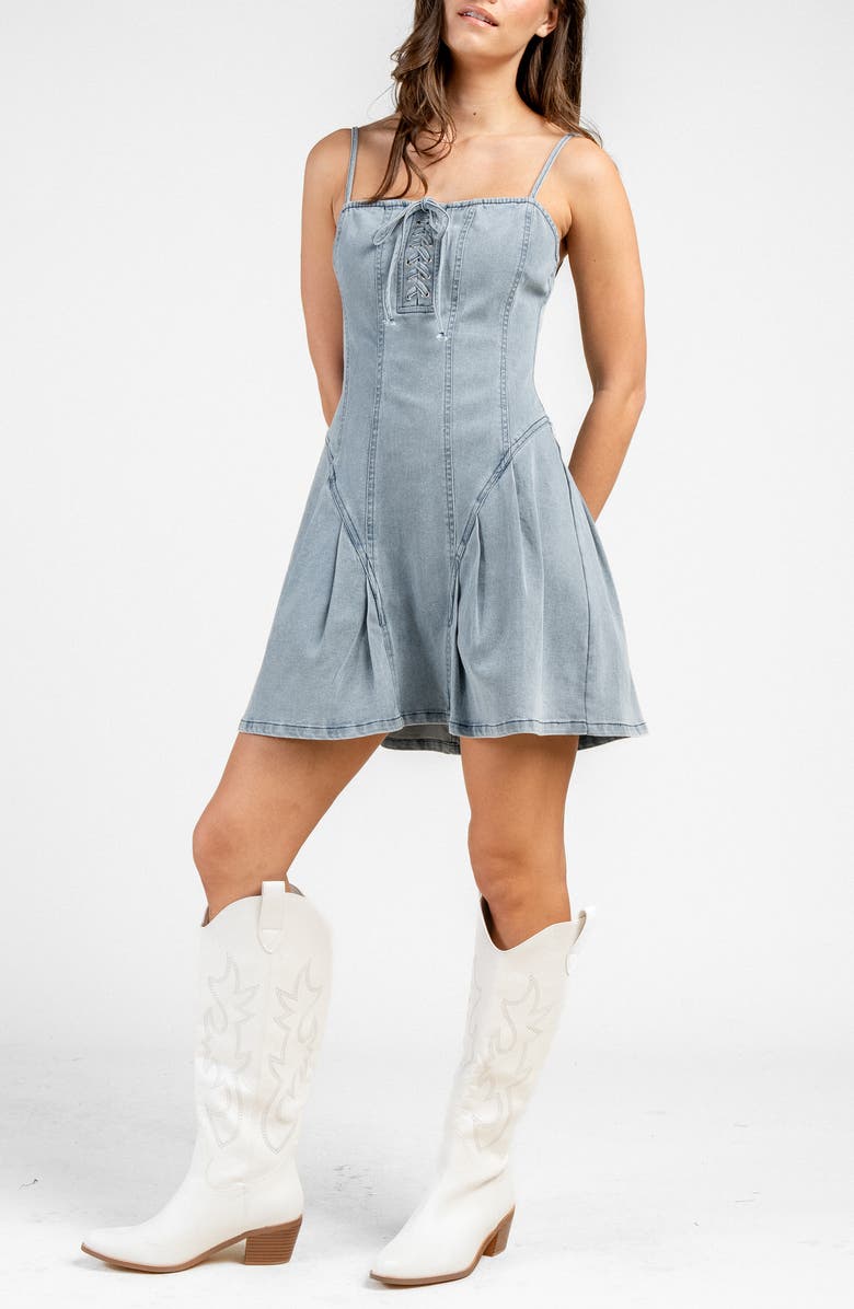 Beivy Pleated Tie Front Denim Dress, Alternate, color, Lt Blue