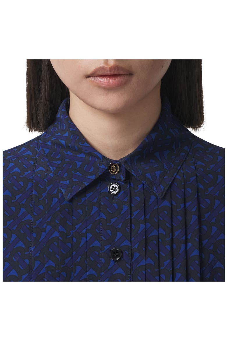 TB Monogram Print Pleated Silk Dress, Alternate, color, DEEP ROYAL BLUE PAT