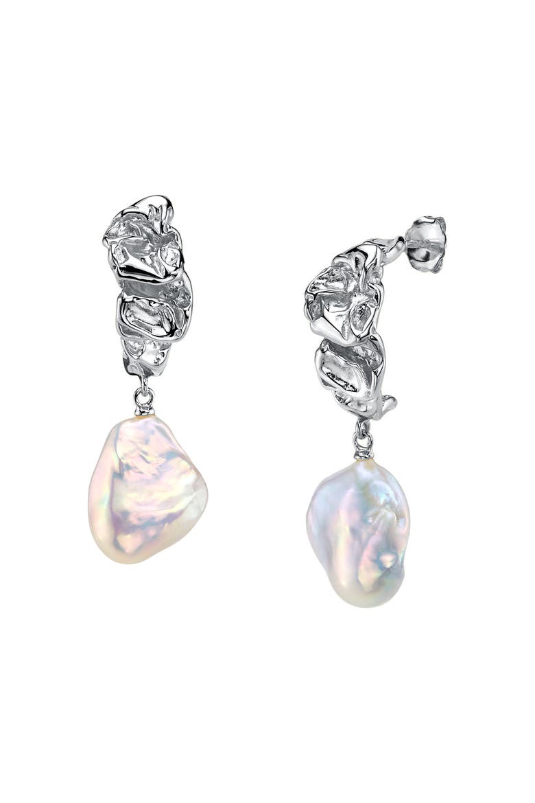 White Freshwater Baroque Hoop Pearl Goldie Earrings, Main, color, Sterling Silver