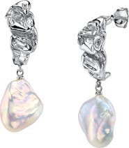 The Pearl Source White Freshwater Baroque Hoop Pearl Goldie Earrings
