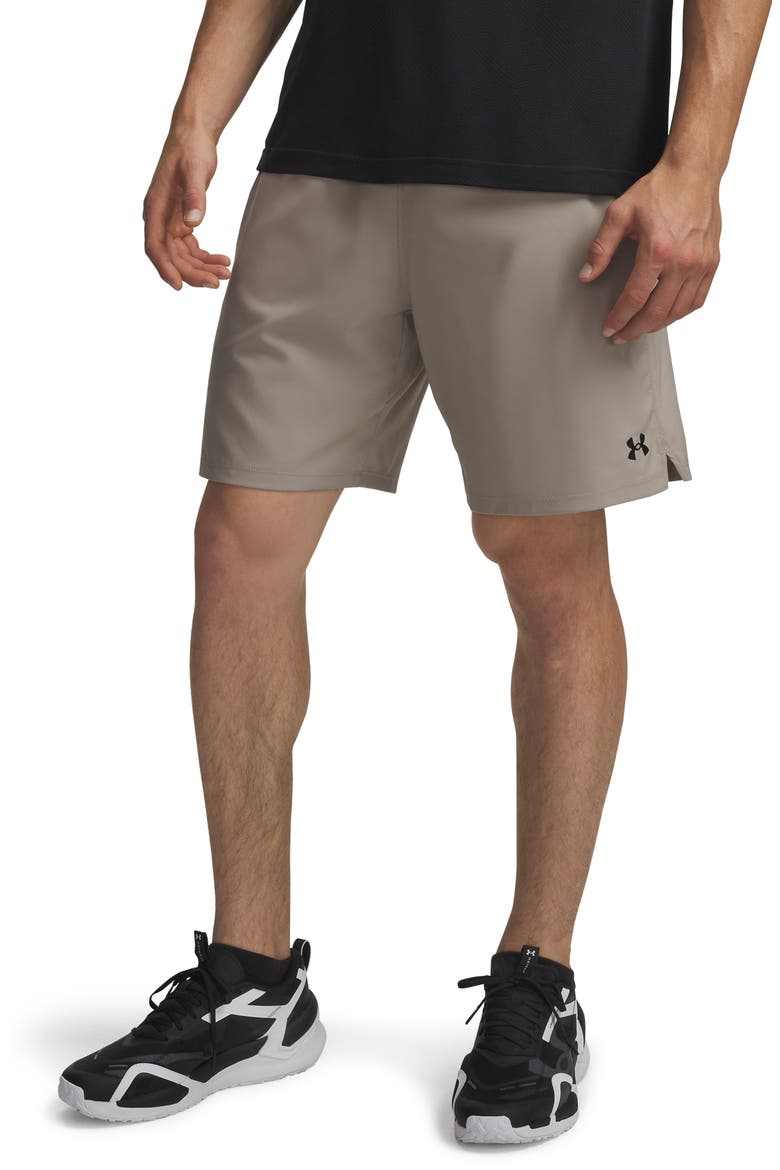 UA Vanish Woven 2.0 8-Inch Athletic Shorts, Main, color, TIMBERWOLF TAUPE/ BLACK