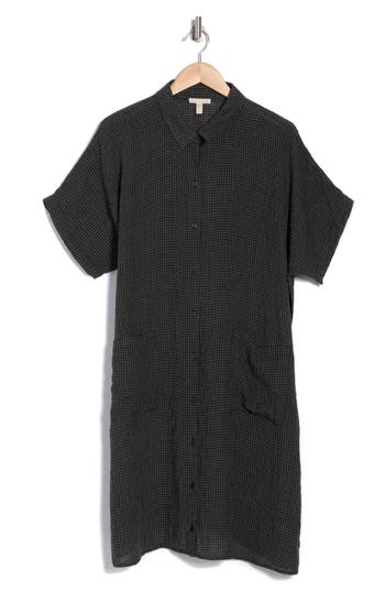 Eileen Fisher Check Organic Linen Button-up Dress In Black