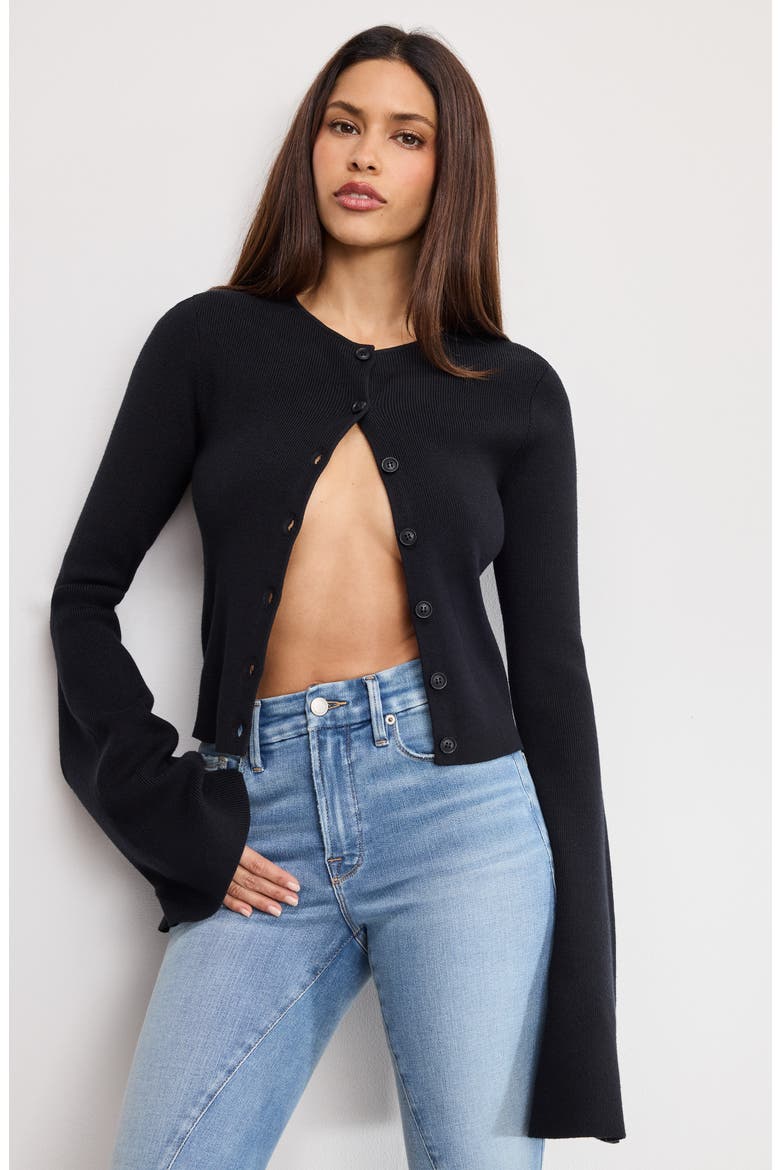 Ribbed Bell Sleeve Cardigan, Alternate, color, BLACK001