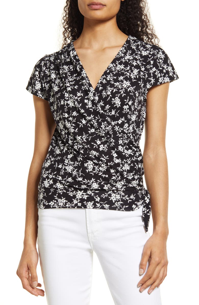 Loveappella Floral Print Faux Wrap Top, Main, color, Black