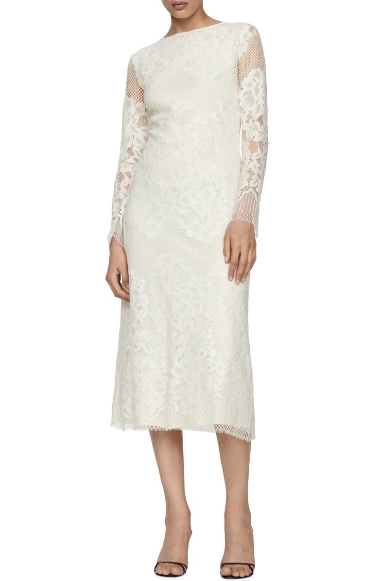 MANGO Lace Long Sleeve Dress, Main, color, Ecru