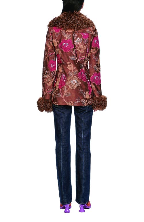 Anna Sui Poiret Rose Embroidered Faux Suede Faux Fur Trim Jacket In Multi