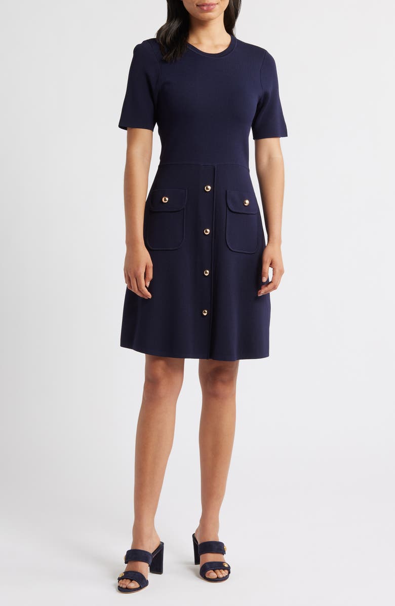 Eliza J Patch Pocket Knit A-Line Dress, Main, color, Navy