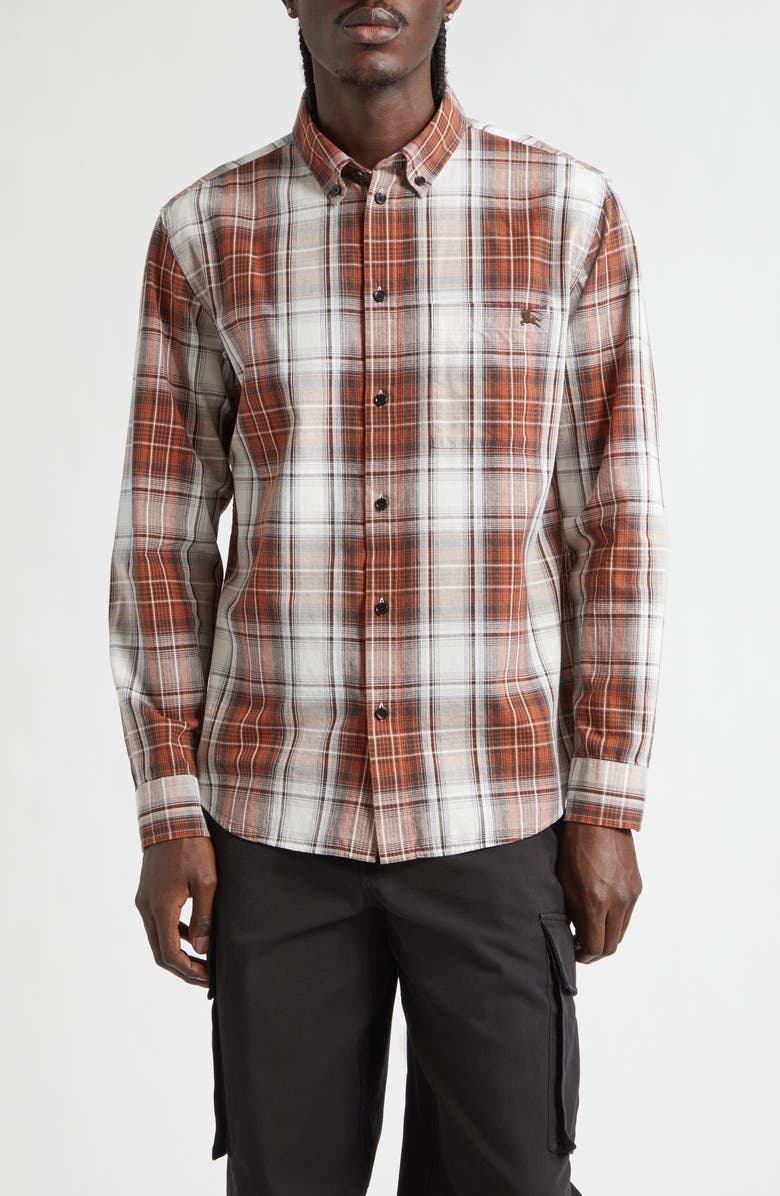 Burberry Roland Check Button-Down Shirt, Main, color, Russet Brown Madras Check