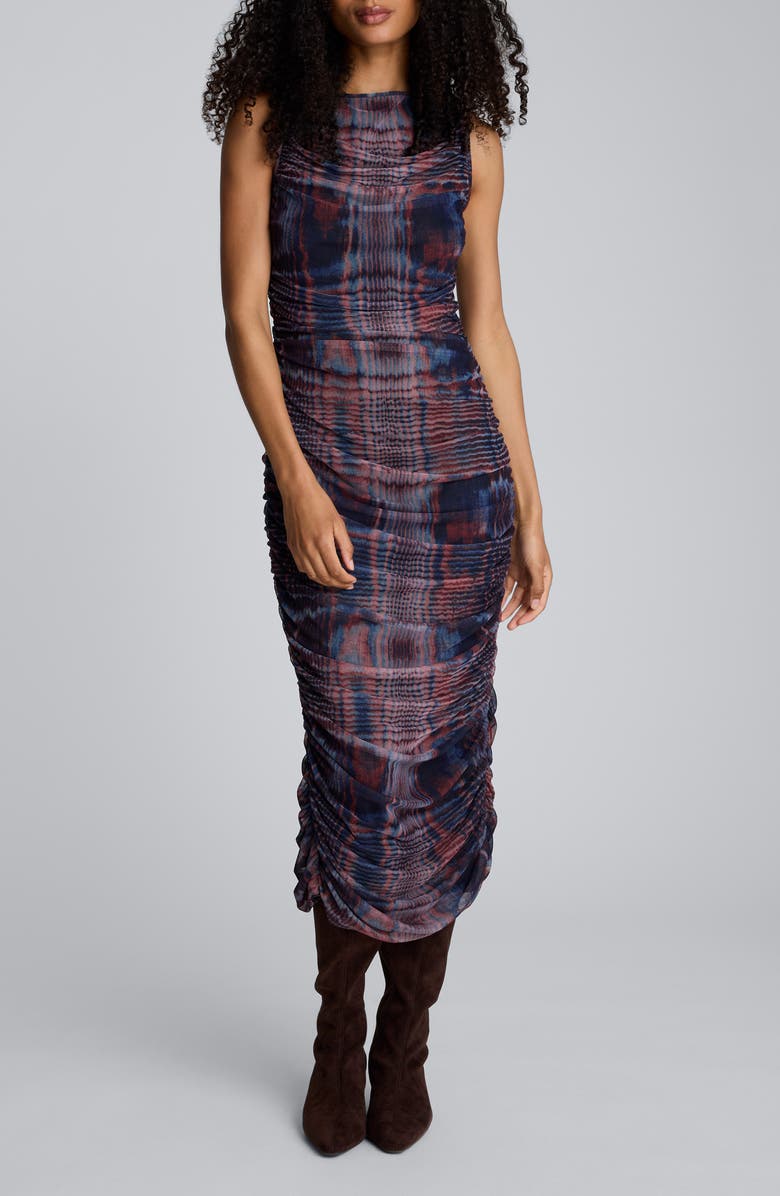 Kenneth Cole Abstract Print Ruched Mesh Midi Dress, Main, color, 