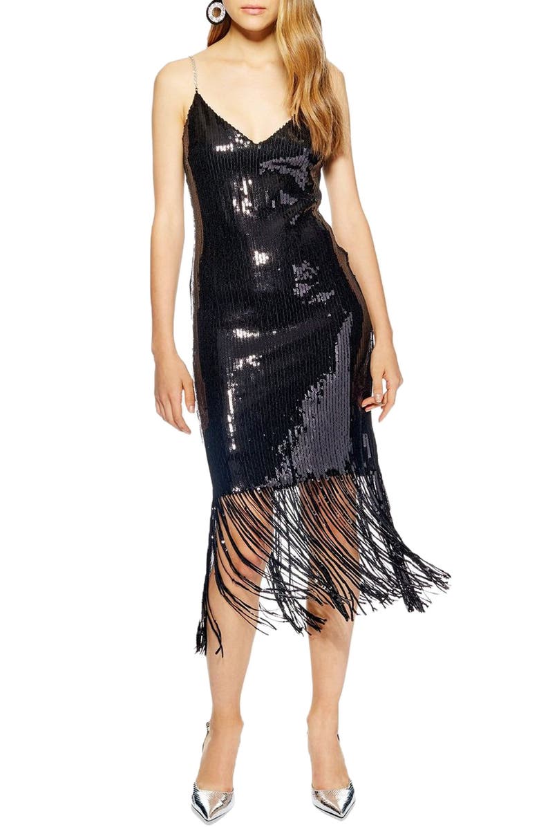 Topshop Sequin Fringe Dress, Main, color,